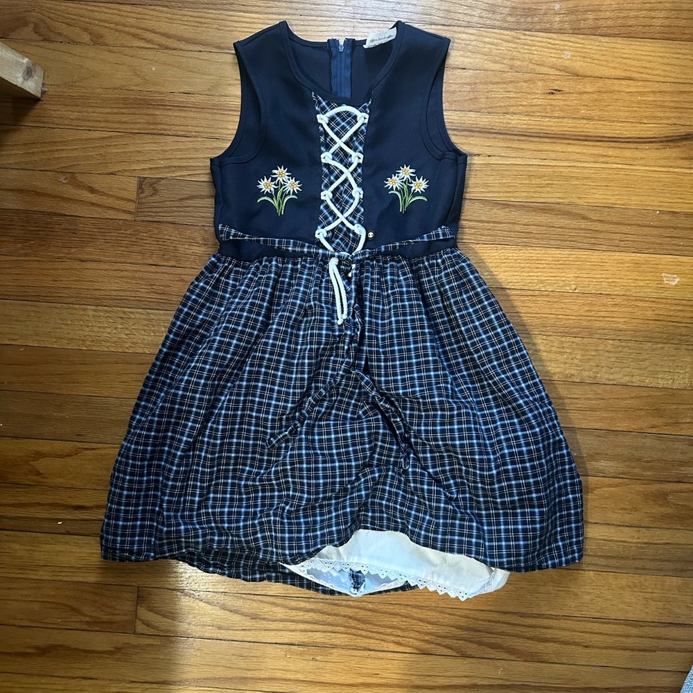 Leni Tracht Navy Dress with Plaid and Embroidery